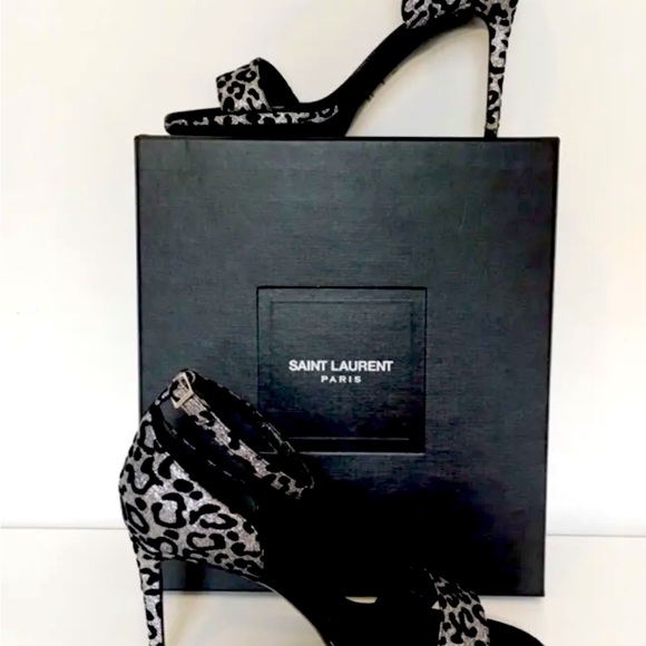YSL Saint Laurent Black and Silver Glitter Leopard Sandals NIB 38.5 - Picture 1 of 6